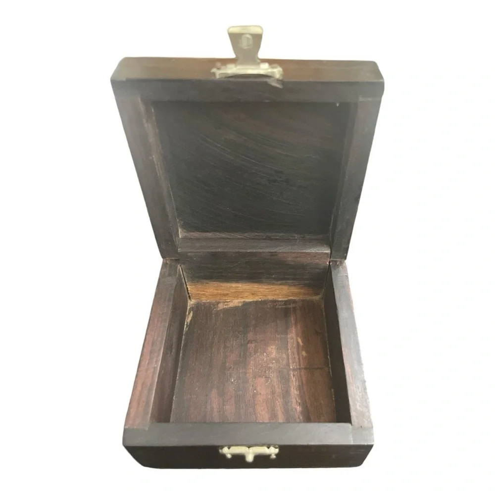 VTG Black Rosewood Inlay Elephant In Jungle Desert Square Fitted Jewelry Box
